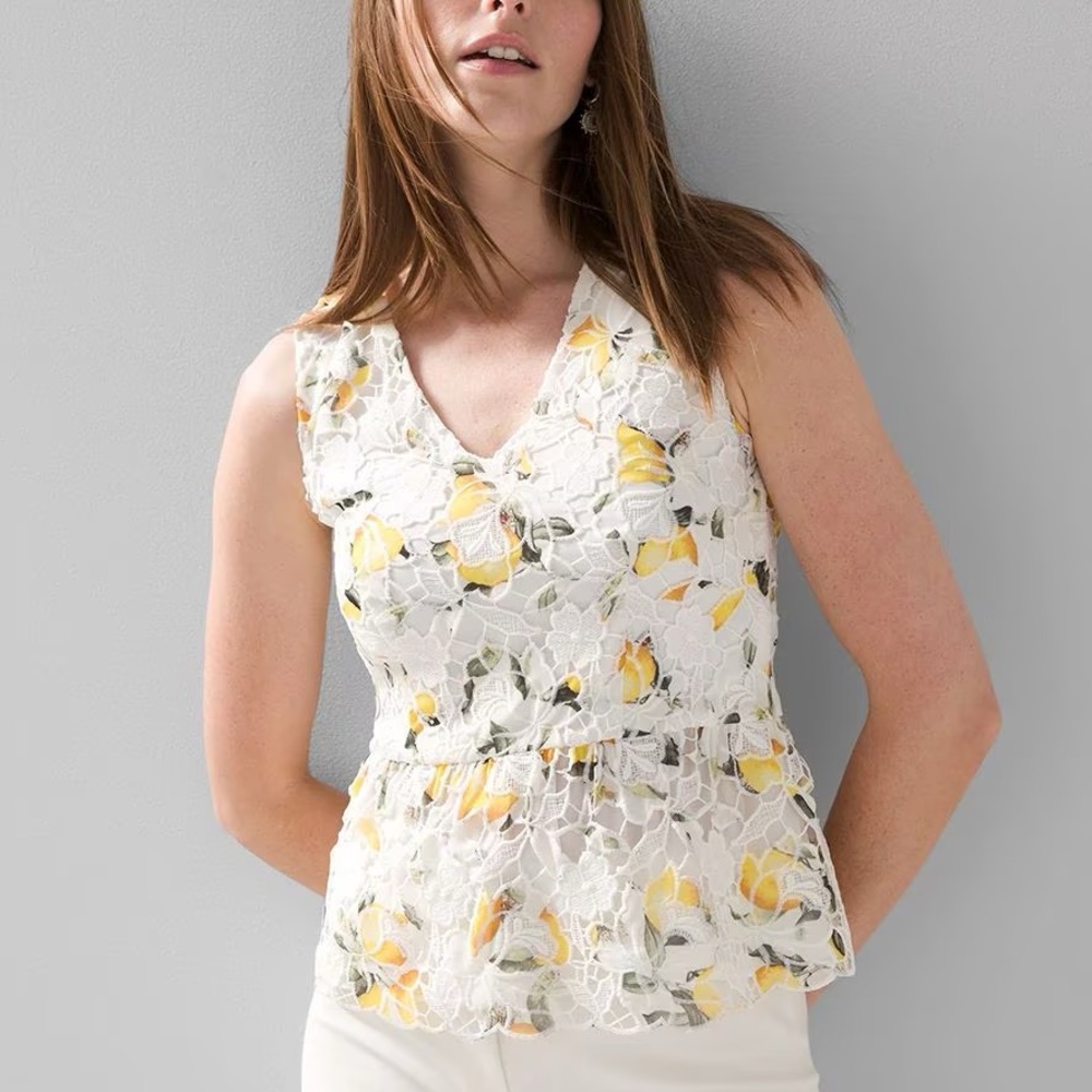 WHBM SLEEVELESS LACE OVERLAY LEMON TOP